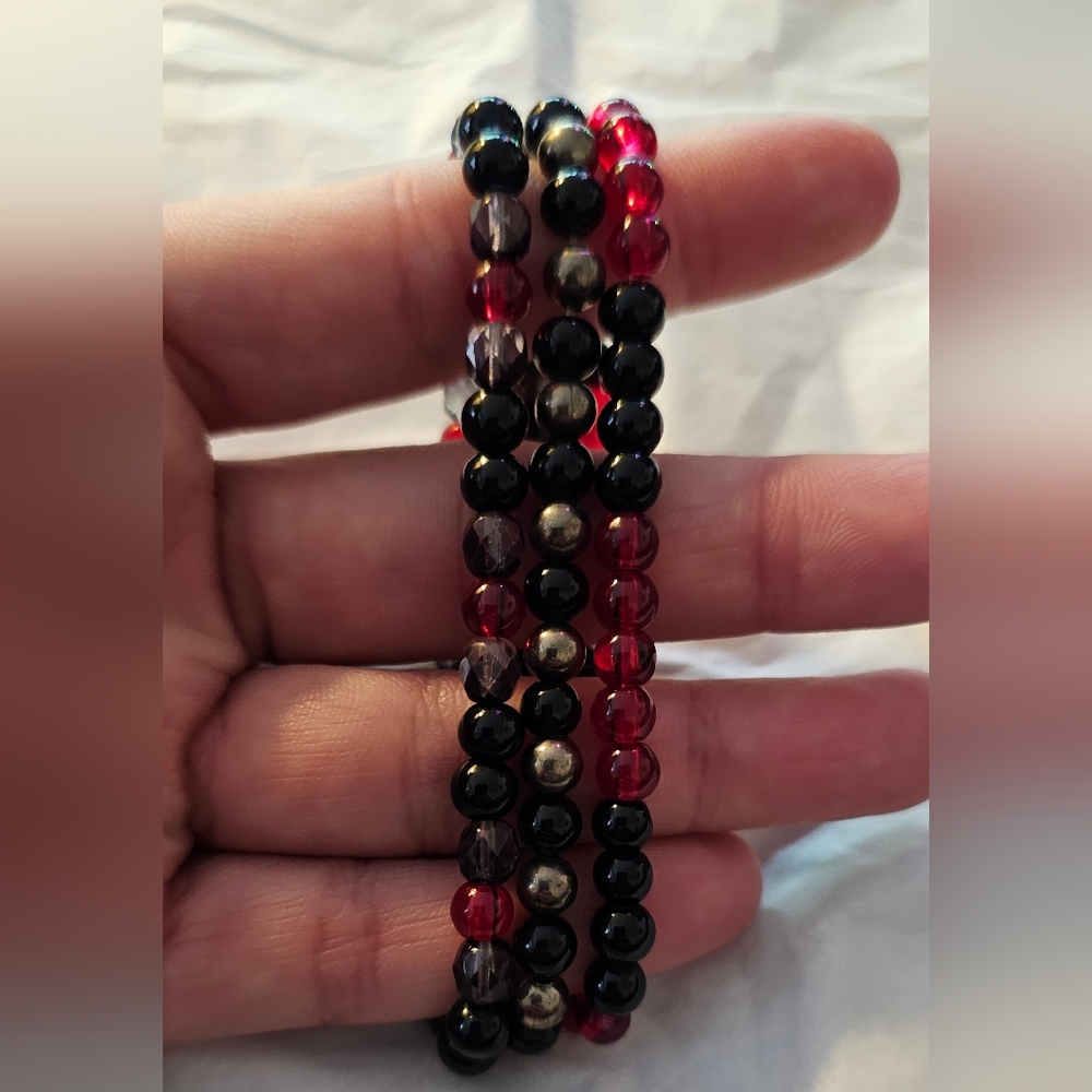 Bracelet Beaded Stretchy Black, Red, Grey homemade